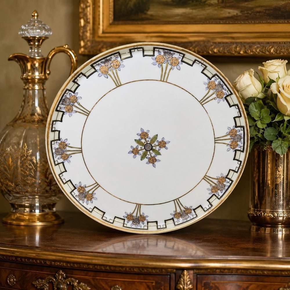Antique Nippon Japan Porcelain Serving Platter Hand Painted Roses Gold Black 12"